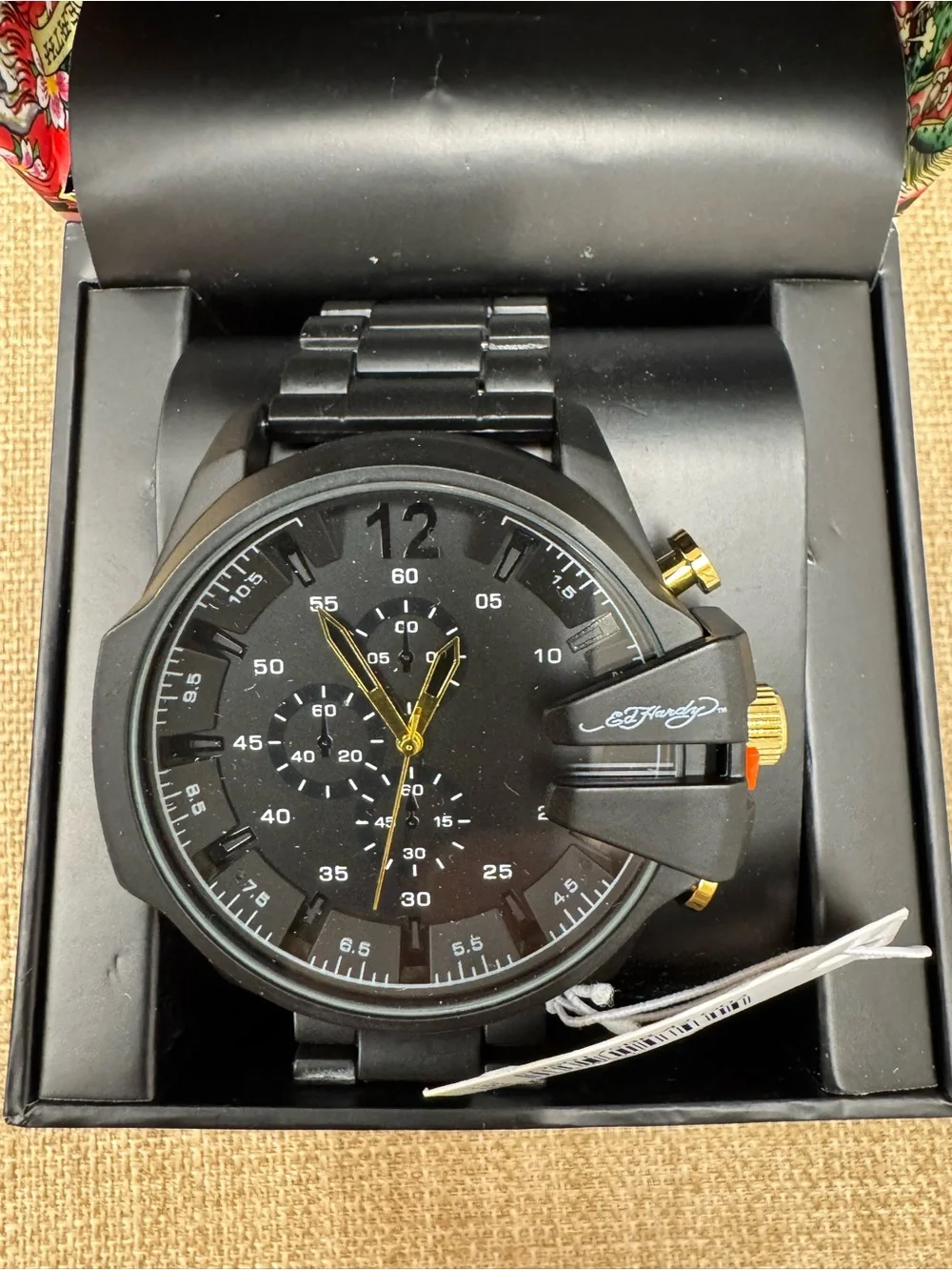 Ed Hardy Men’s Quartz Chronograph Watch Black Dial Black Metal Bracelet Box